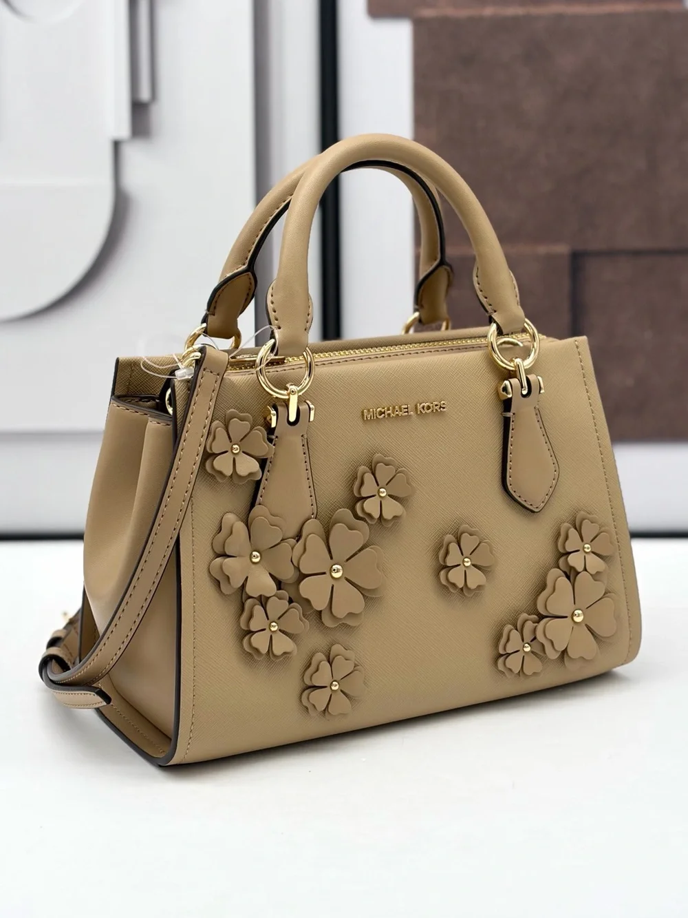 MICHAEL KORS Marilyn Small Floral Embellished Satchel Crossbody Bag Camel NWT